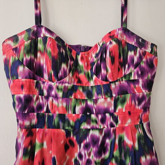 Bebe XS Floral Spaghetti Strap Mini Dress Short Colorful Zip Womens Silk - Picture 3 of 7